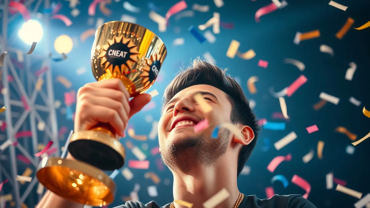 Pessoa celebrando vitória, confete e troféu dourado.