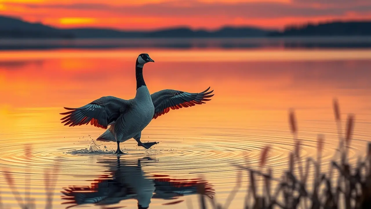Ganso-do-canadá pousando em lago ao pôr do sol