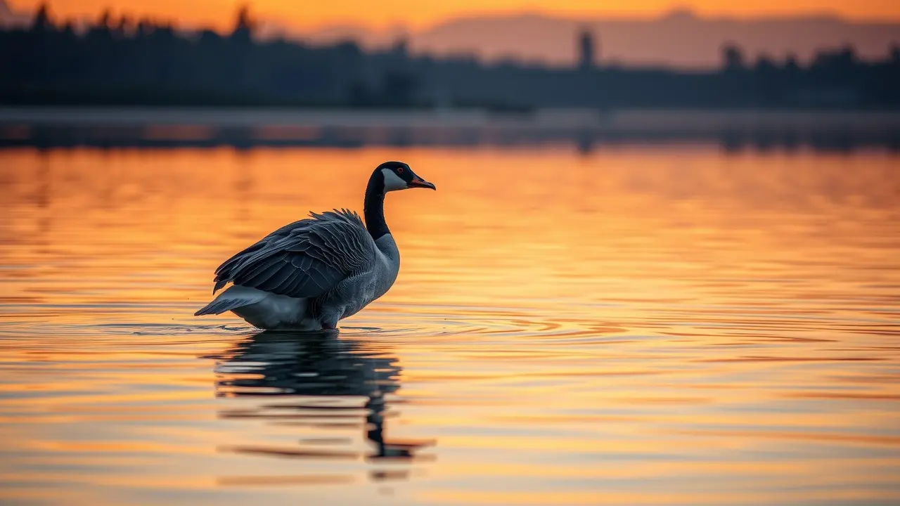 Sonhar com Ganso: Descubra o Significado e as Mensagens Ocultas Um ganso nadando em um lago ao amanhecer.