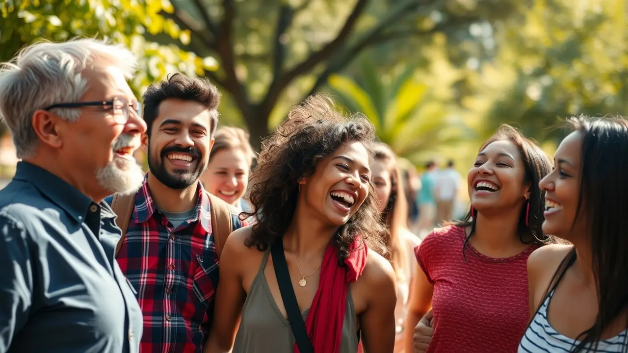 Pessoas diversas gargalhando em parque ensolarado.