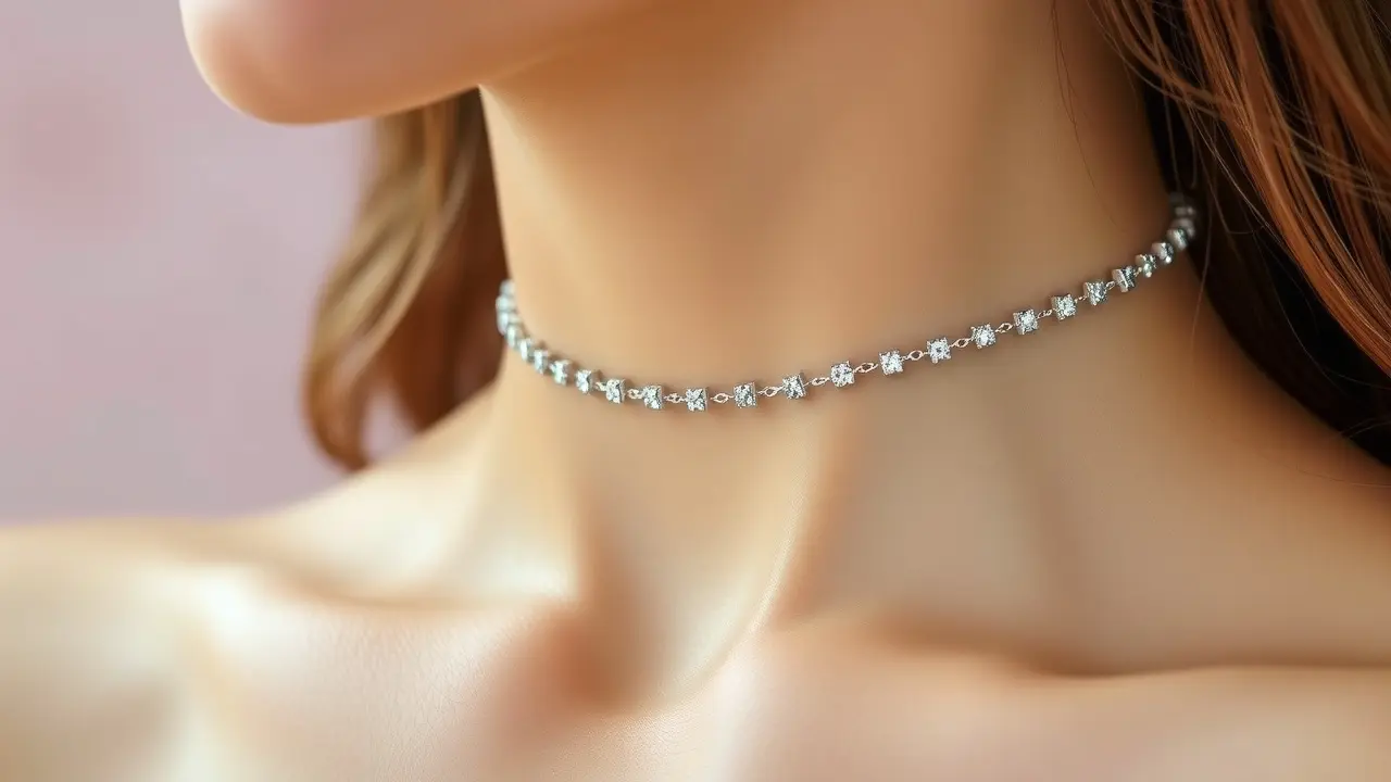 Significado de Sonhar com Gargantilha: Desvende os Mistérios! Mulher usando gargantilha de prata delicada.