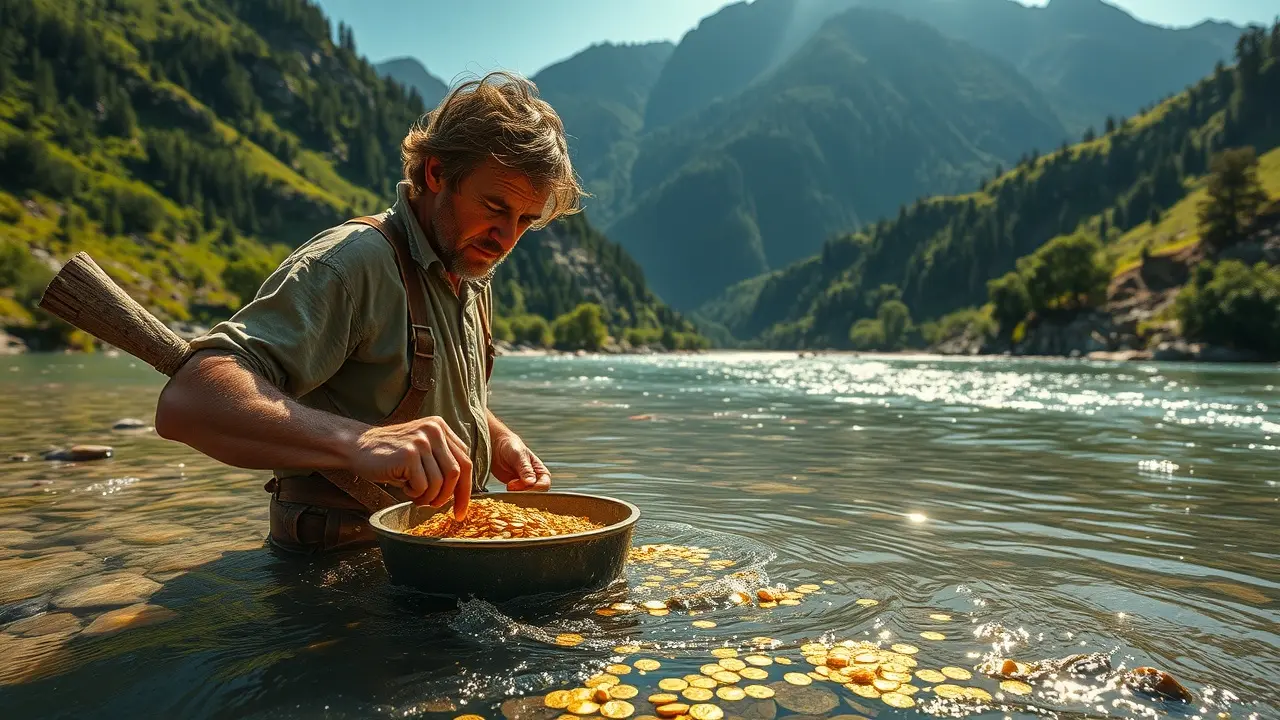 Significado de Sonhar com Garimpagem: Descubra as Mensagens Ocultas Homem garimpando ouro em rio ensolarado.