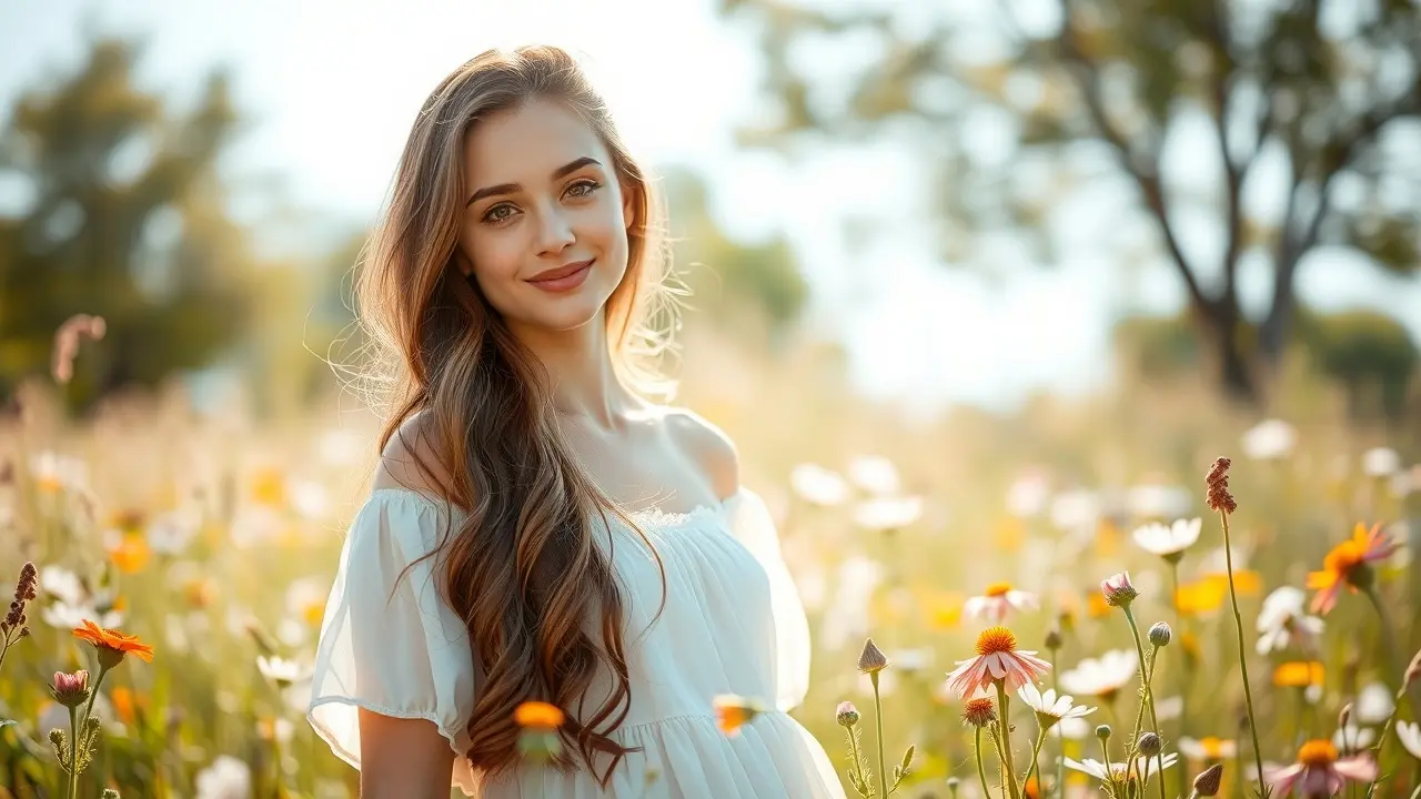 Sonhar com Garota: Desvende os Mistérios e Significados! Mulher sorrindo em um campo florido, representando sonhos com garota.