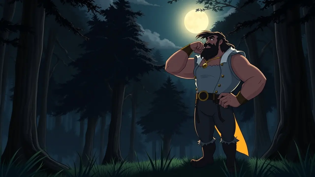 Gaston confiante na floresta sob a luz do luar