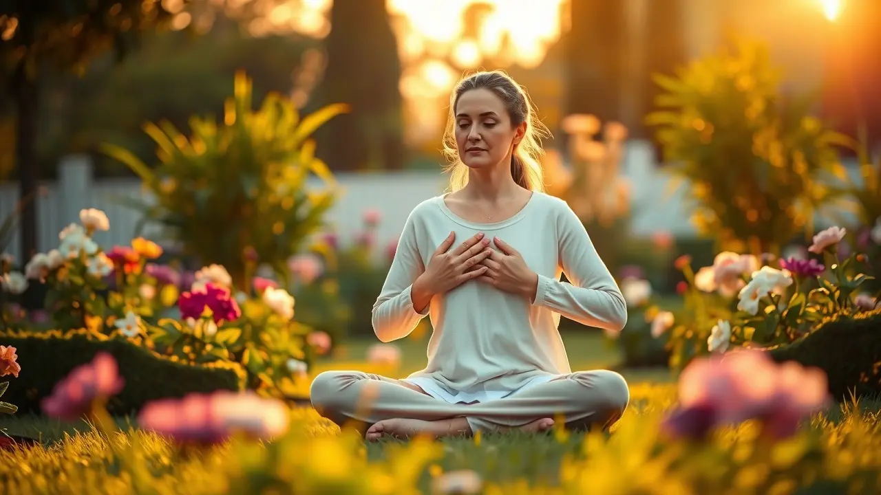 Pessoa meditando para aliviar gastrite, em um jardim iluminado pelo sol da manhã.