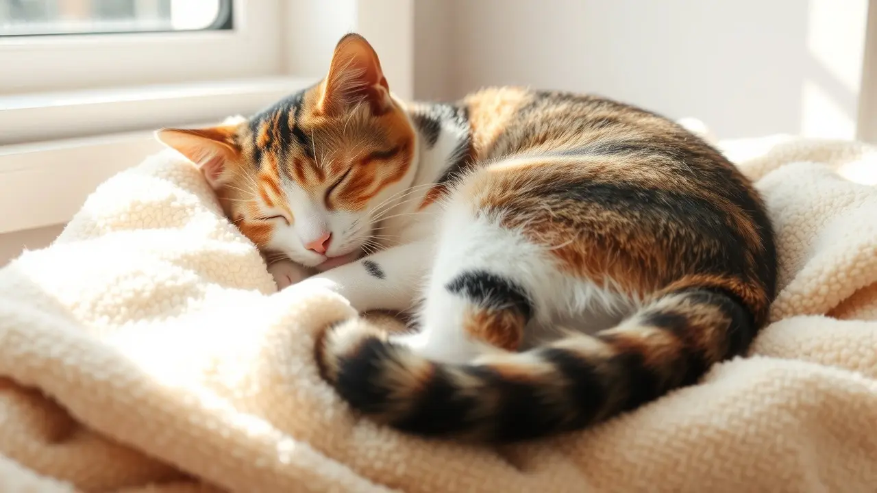 Sonhar com Gato: Descubra os Significados e Interpretações! Gato tricolor dormindo em cobertor macio