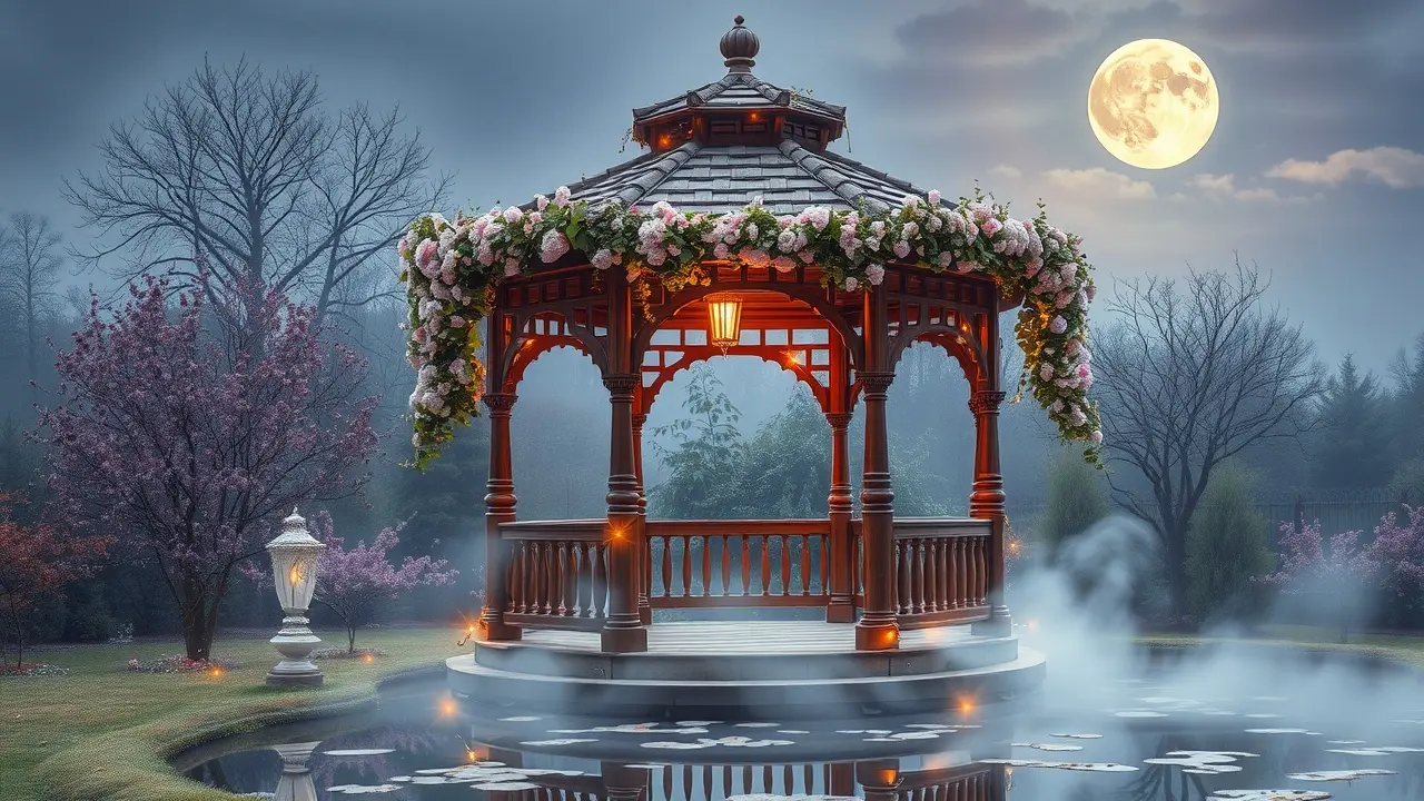 Sonhar com Gazebo: Descubra os Significados e Simbolismos Ocultos Um gazebo iluminado pela lua em um jardim sereno.