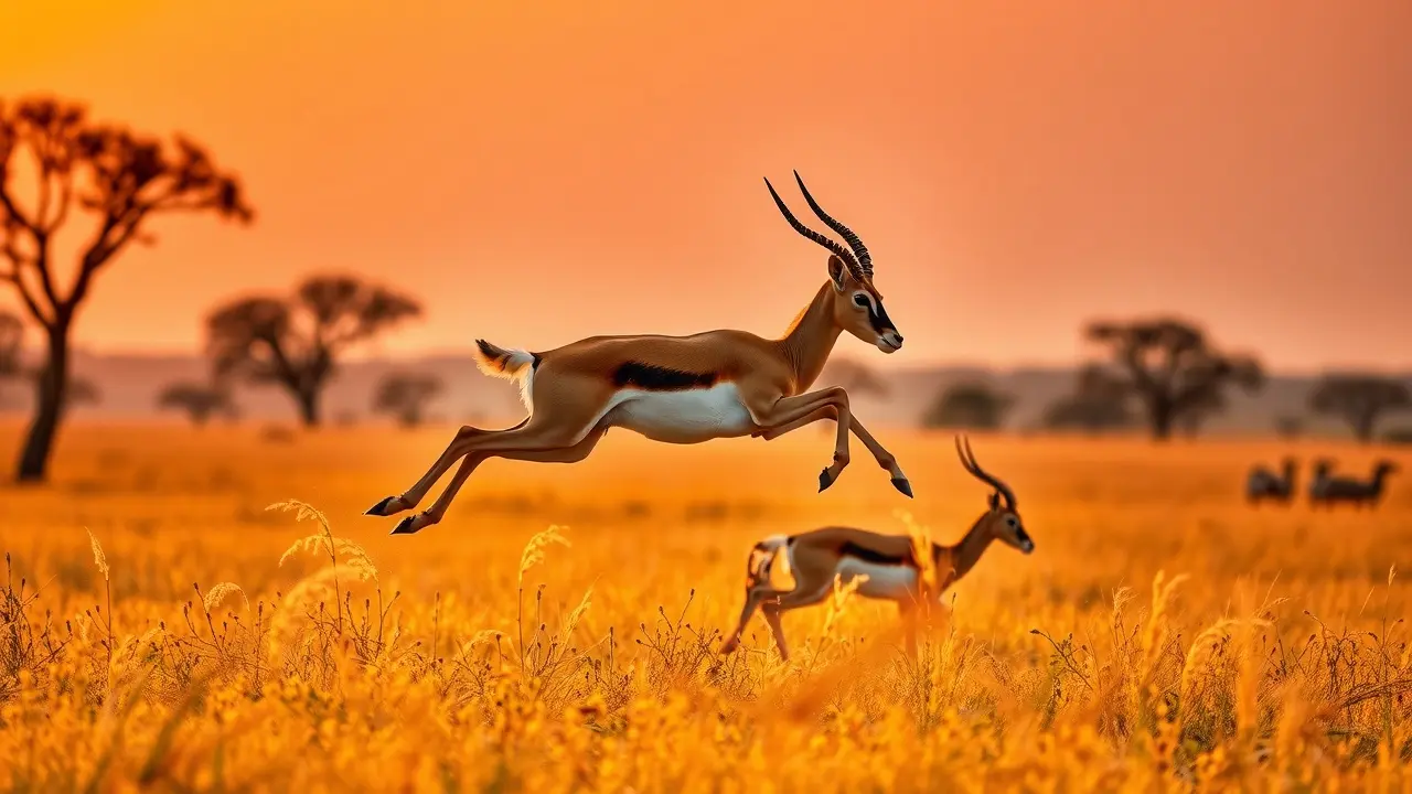 Gazela saltando na savana ao pôr do sol