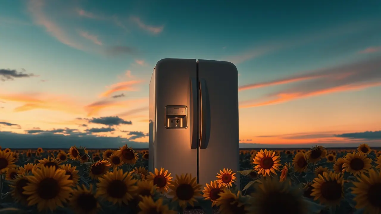 Sonho com geladeira em campo de girassóis ao entardecer