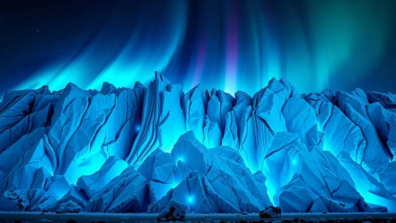 Geleira azul sob aurora boreal