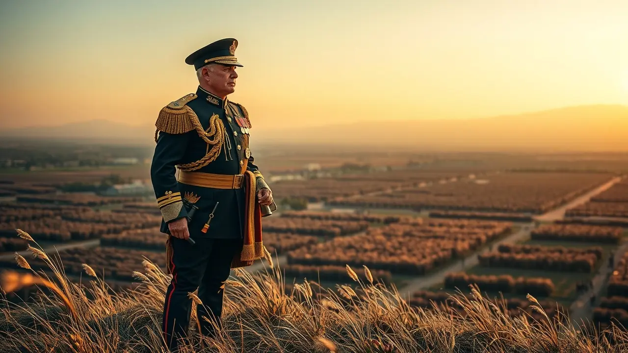 Sonhar com General: Descubra o Significado e as Interpretações General imponente em colina, vista do campo de batalha.