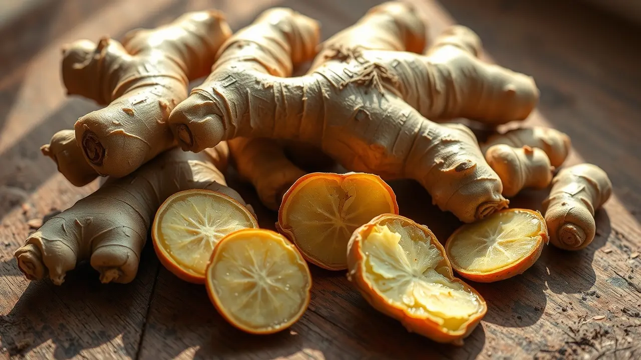 Raízes de gengibre fresco sobre mesa de madeira rústica, detalhe das texturas e cores.