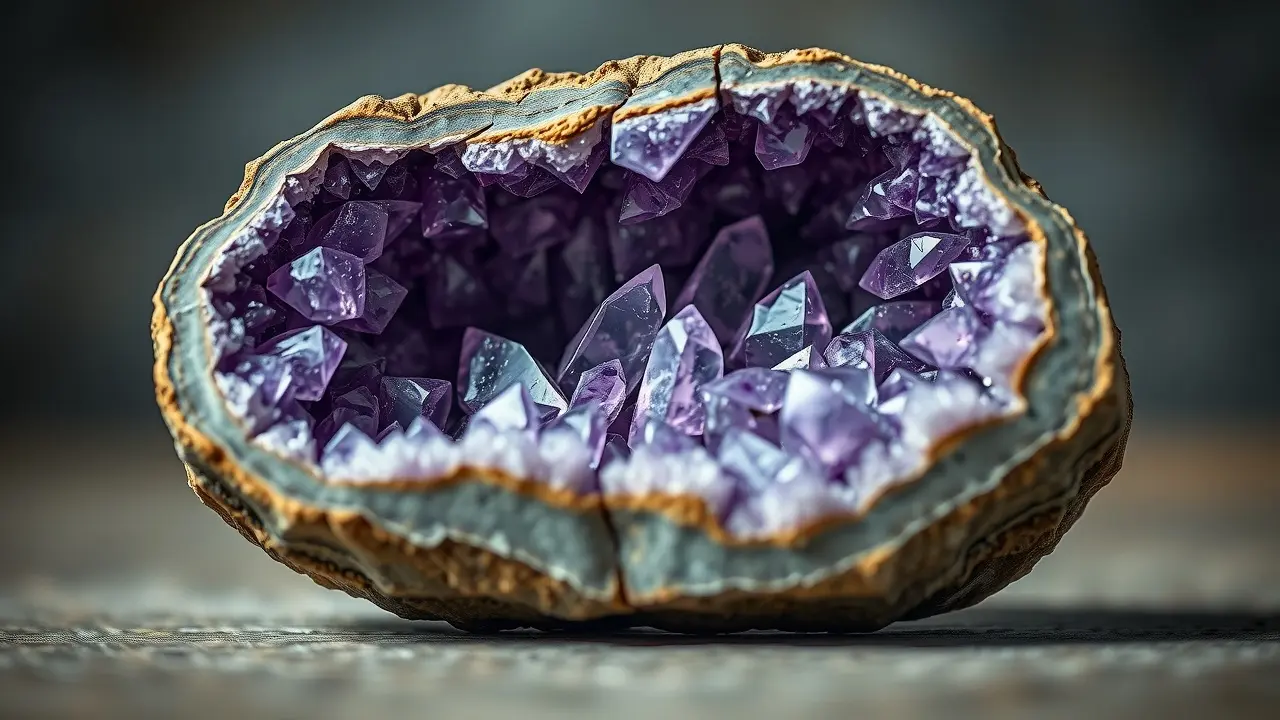 Um geodo sendo aberto, revelando cristais de ametista.