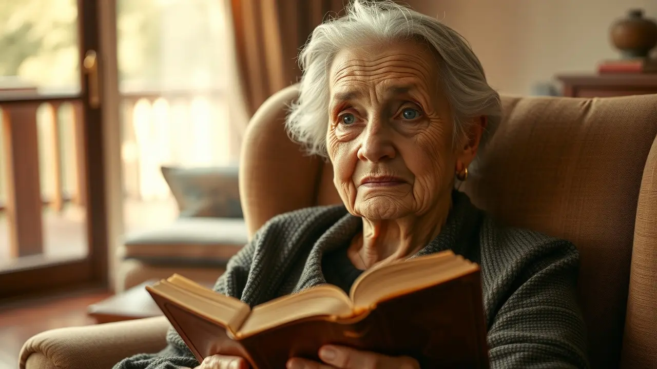 Mulher idosa sorrindo gentilmente com livro na mão