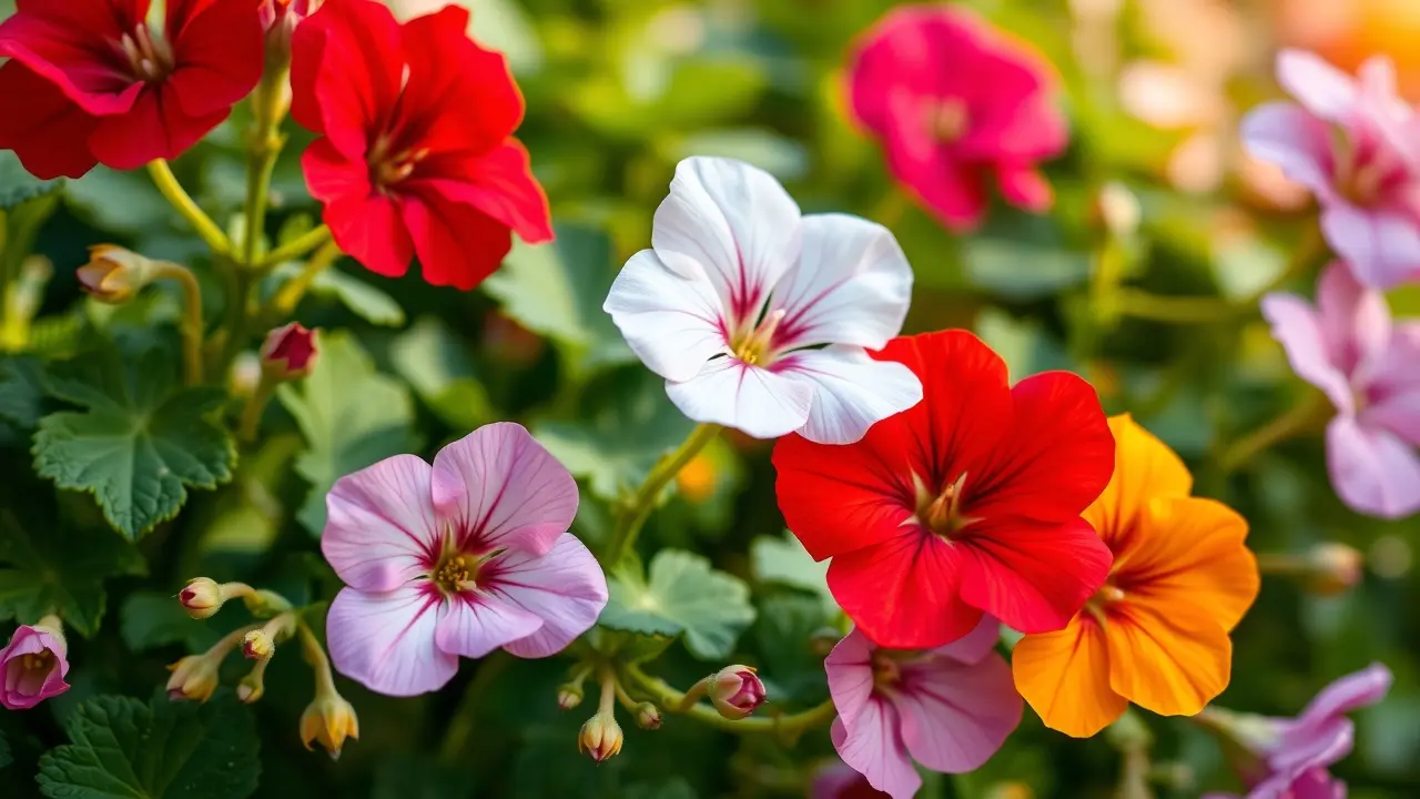Gerânios coloridos em plena floração