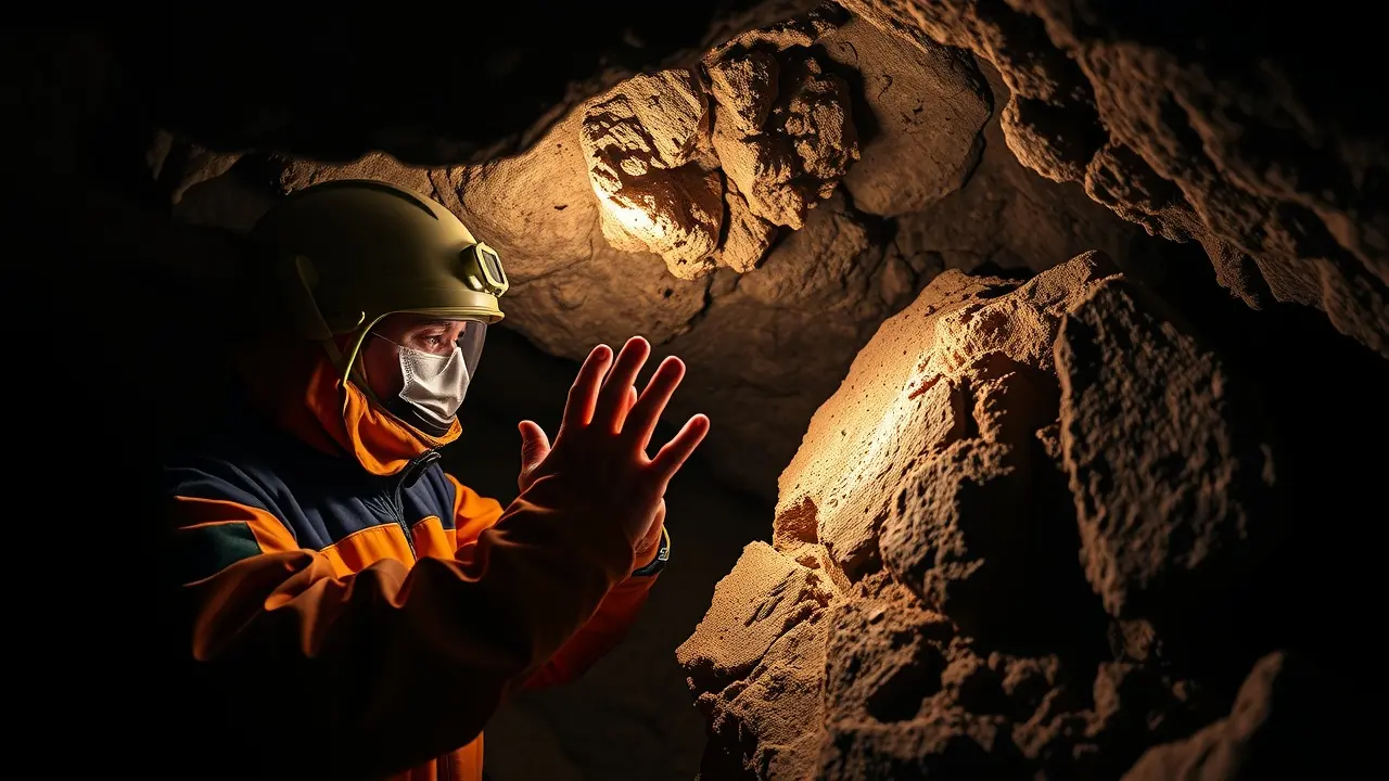 Geólogo examinando rocha em caverna