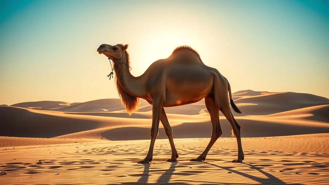 Camelo com giba exuberante sob o sol do deserto