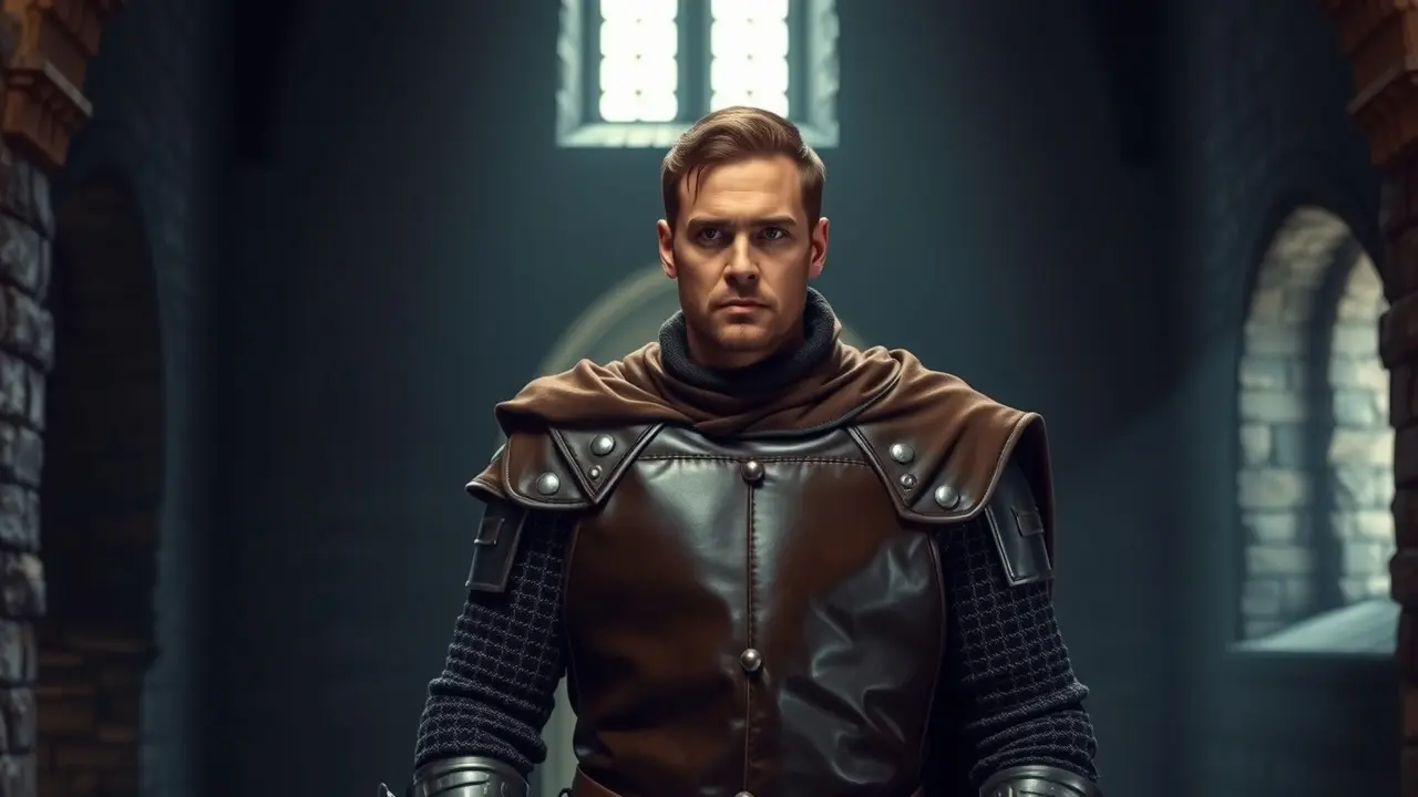 Um cavaleiro usando um gibão de couro marrom em um castelo medieval.