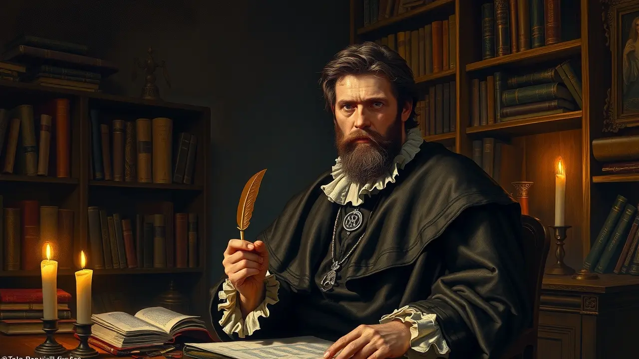 Sonhar com Gil Vicente: Desvende os Significados Ocultos Gil Vicente segurando pena e pergaminho