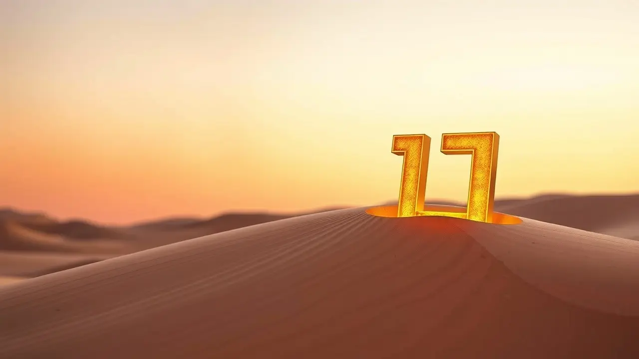 Letra Gimel dourada em paisagem desértica ao amanhecer