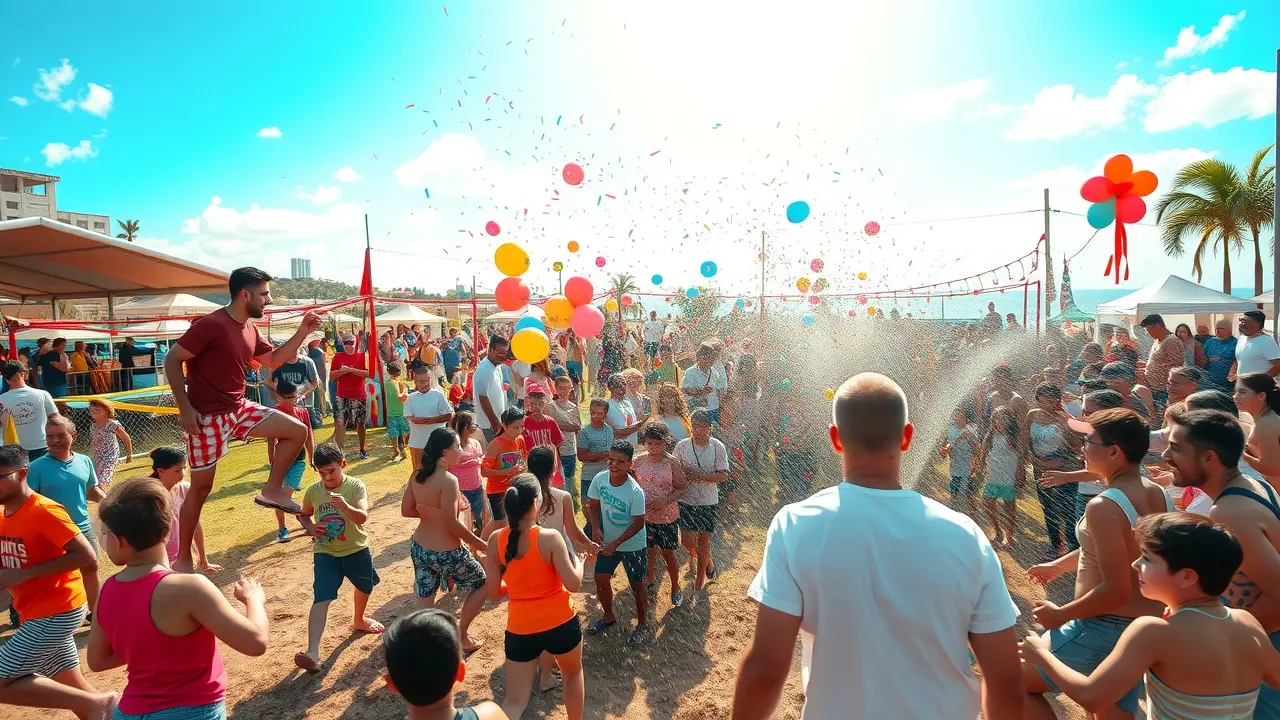 Participantes alegres em gincana colorida