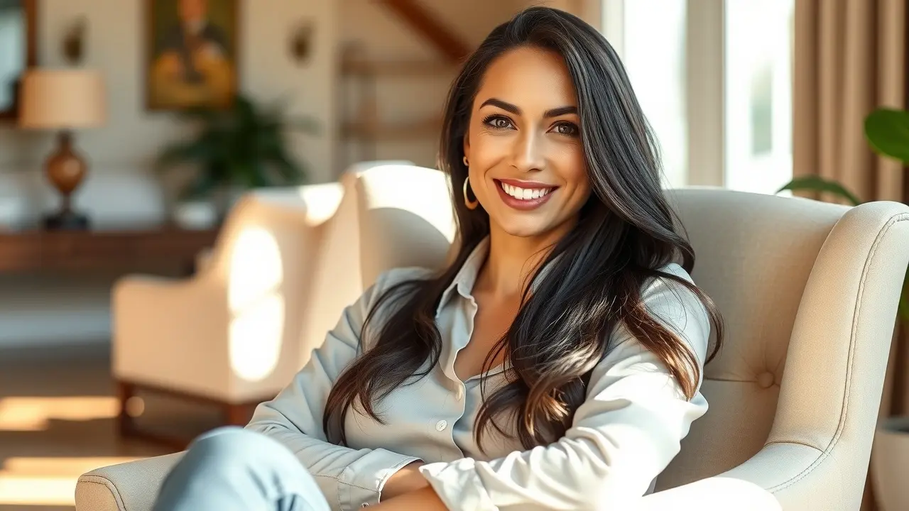 Mulher sorrindo em poltrona confortável