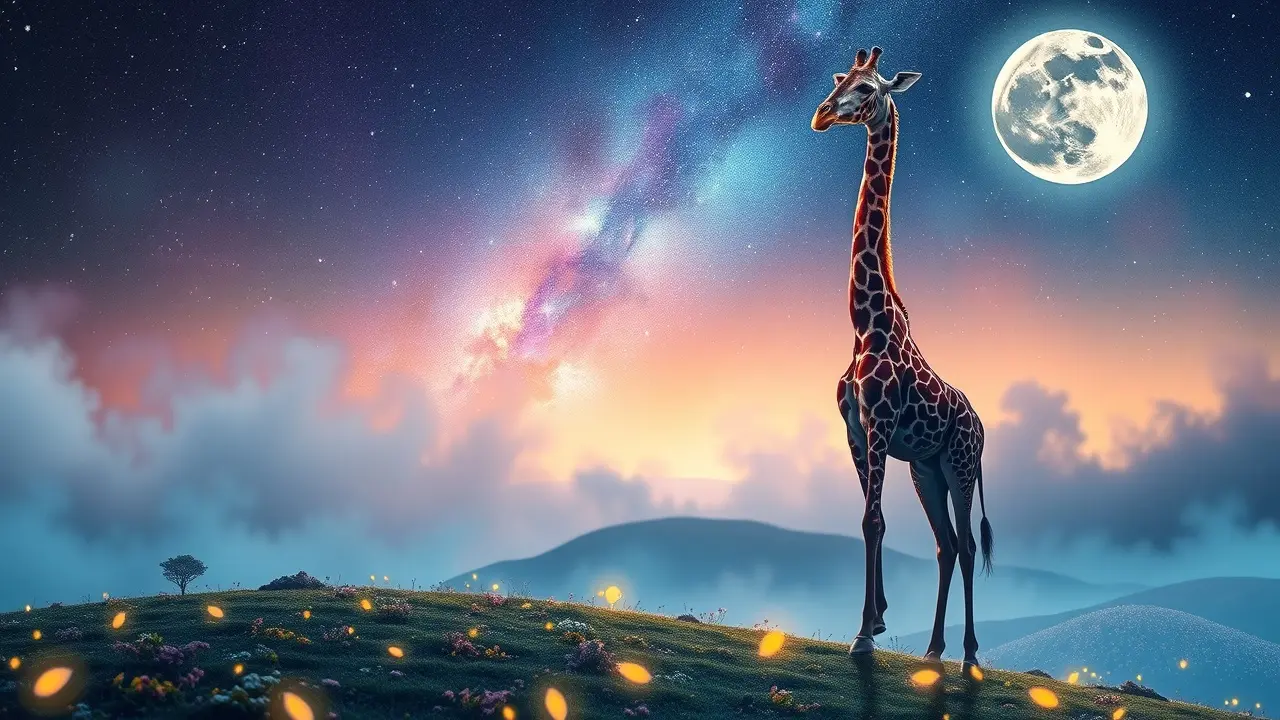 Girafa colorida em paisagem onírica.