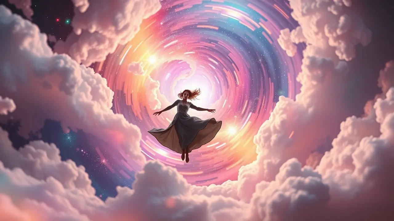 Sonhar com Girar: Descubra os Possíveis Significados! Ilustração onírica de pessoa girando em espiral colorida.