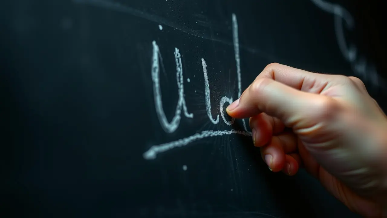 Mão escrevendo com giz colorido em lousa escura.