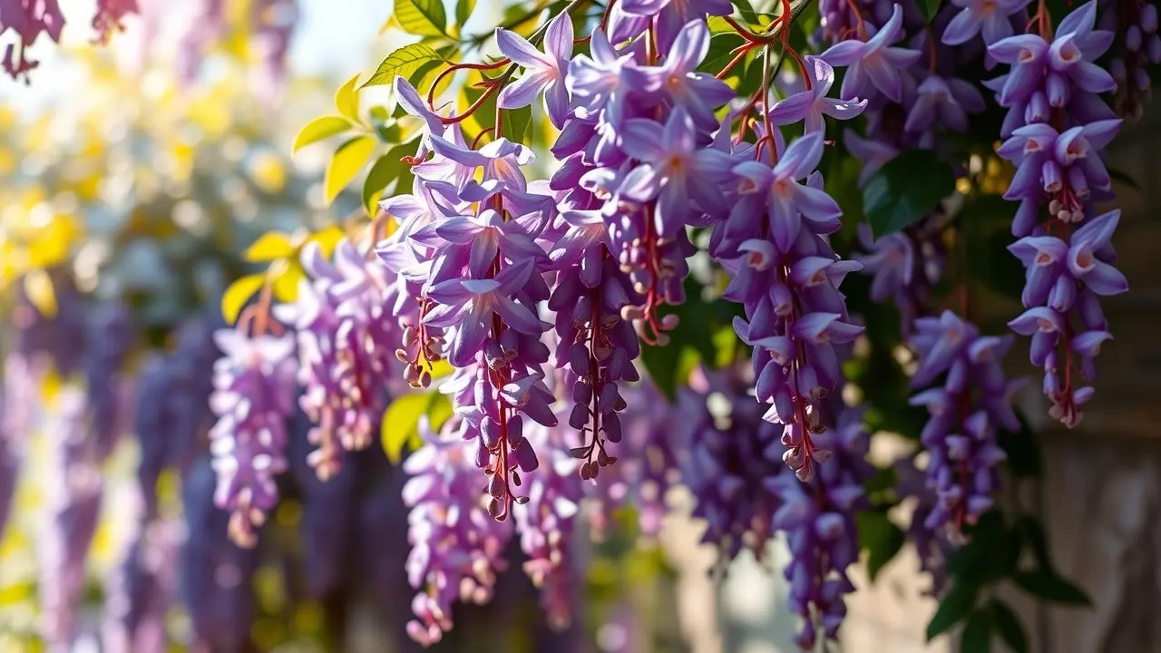 Glicínia florida com cachos roxos