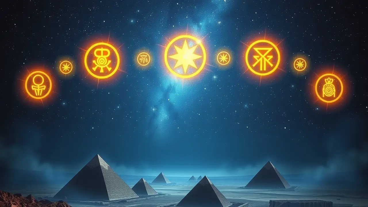 Glifos brilhantes flutuando no céu noturno em sonho.