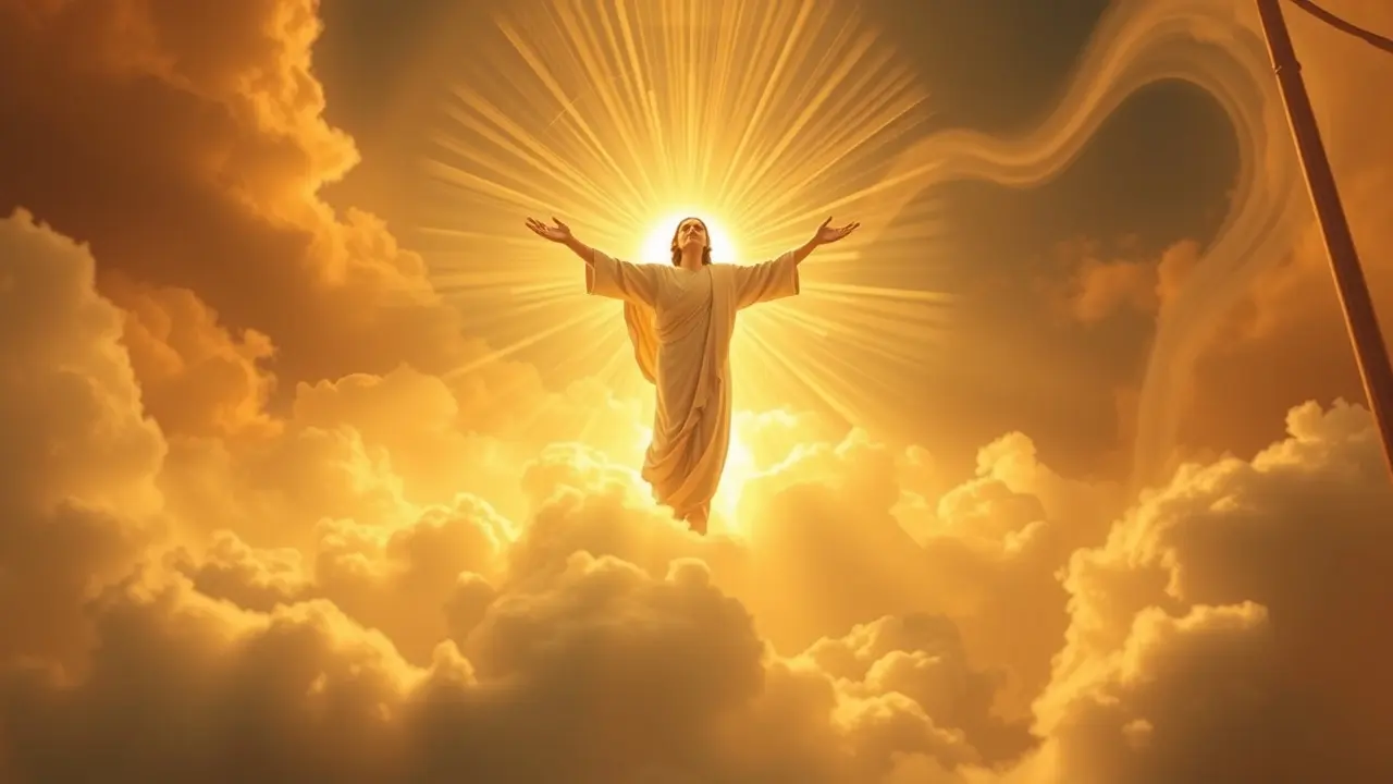 Significado de Sonhar com Glorificação: Interpretações e Simbolismos Figura radiante ascendendo em luz dourada, simbolizando a glorificação.