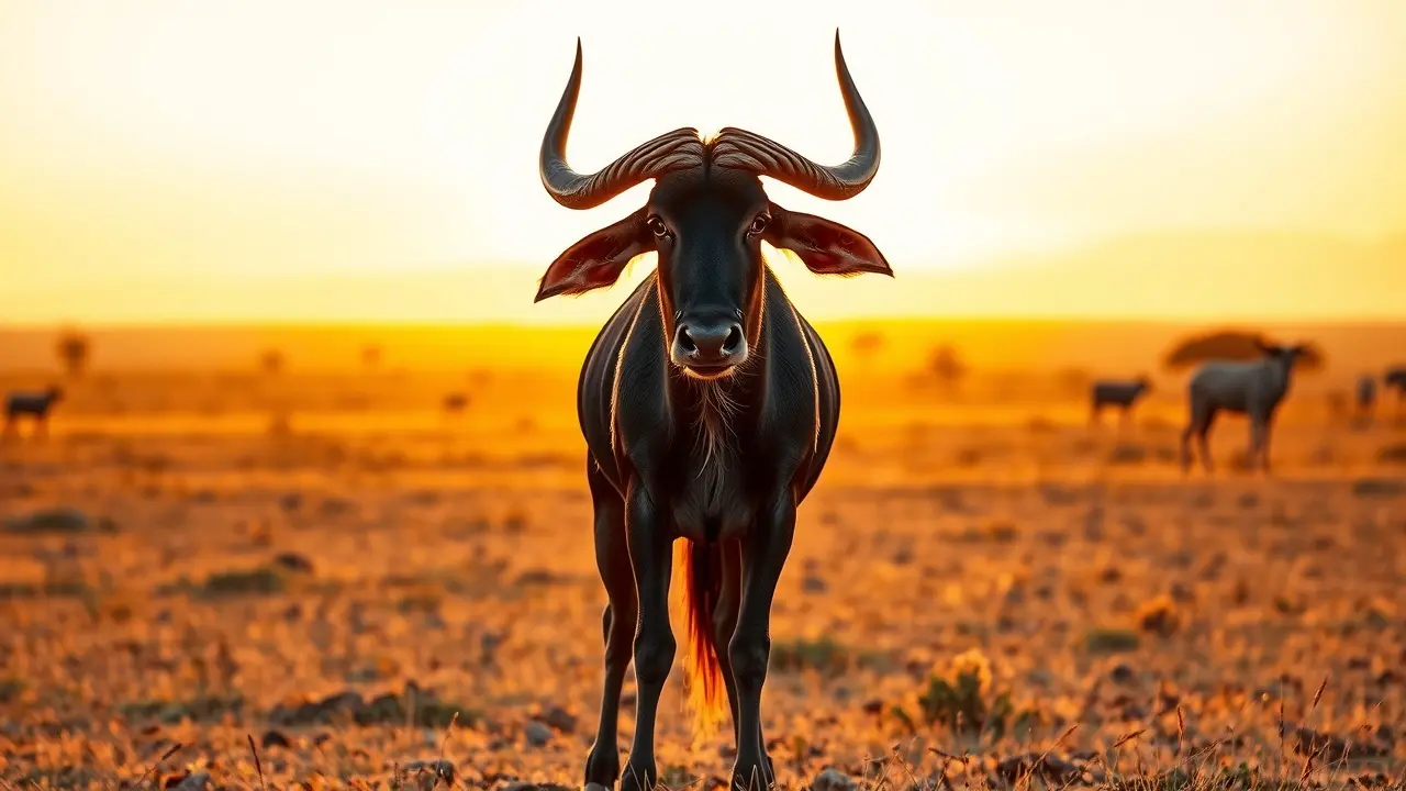 Gnu na savana africana sob luz dourada.