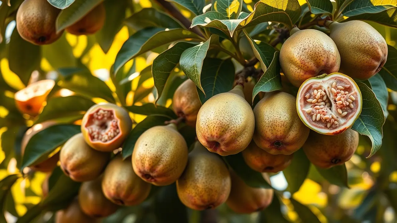 Pé de goiaba carregado de frutos maduros.