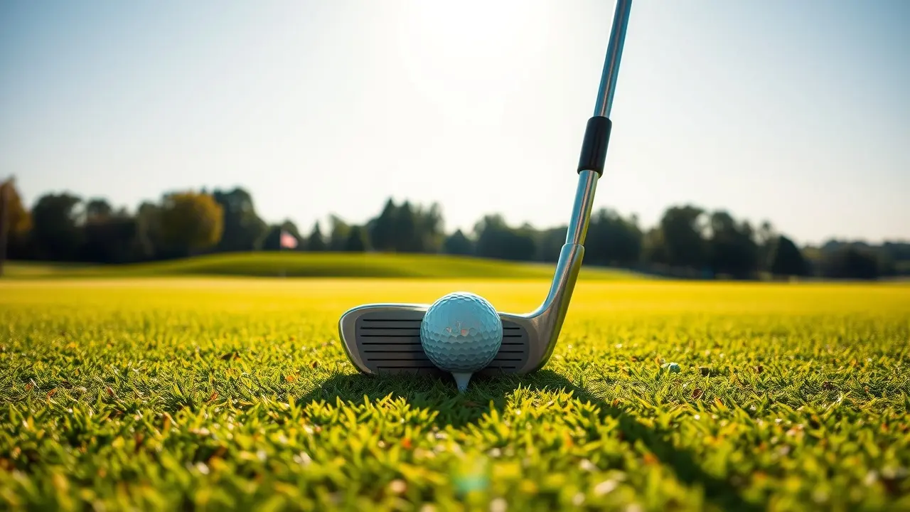 Campo de golfe ensolarado com bola e taco.