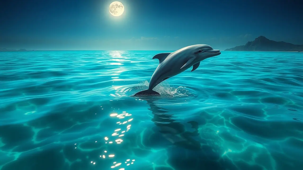 Golfinho saltando na água azul sob a luz do luar