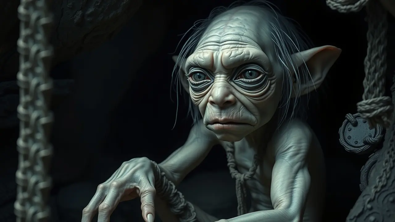 Gollum em caverna escura, sonho e obsessão