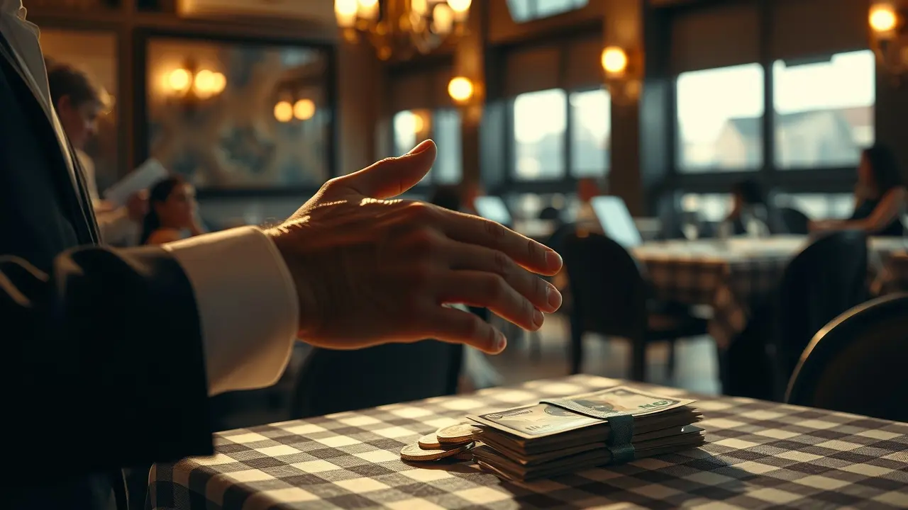 Mão recebendo gorjeta em restaurante.