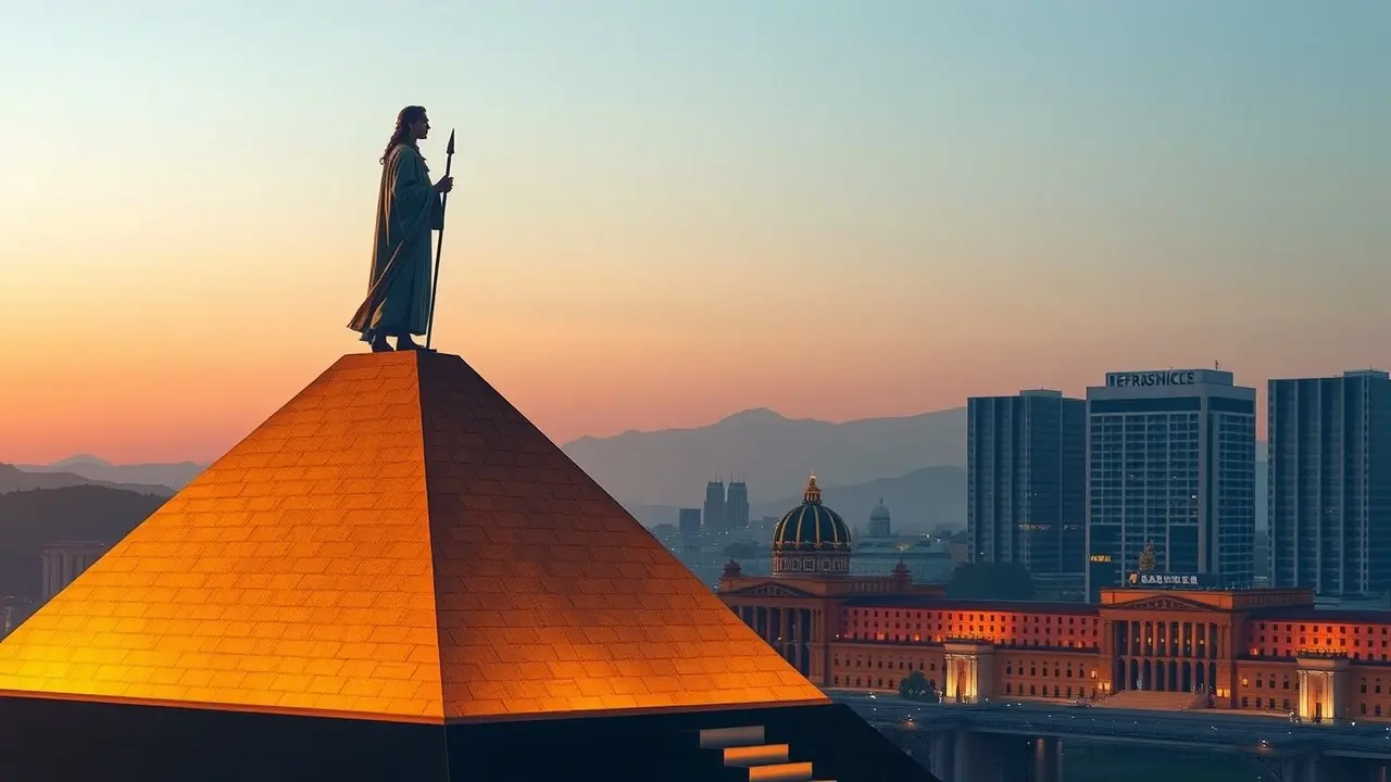 Figura sábia no topo de uma pirâmide, representando governança