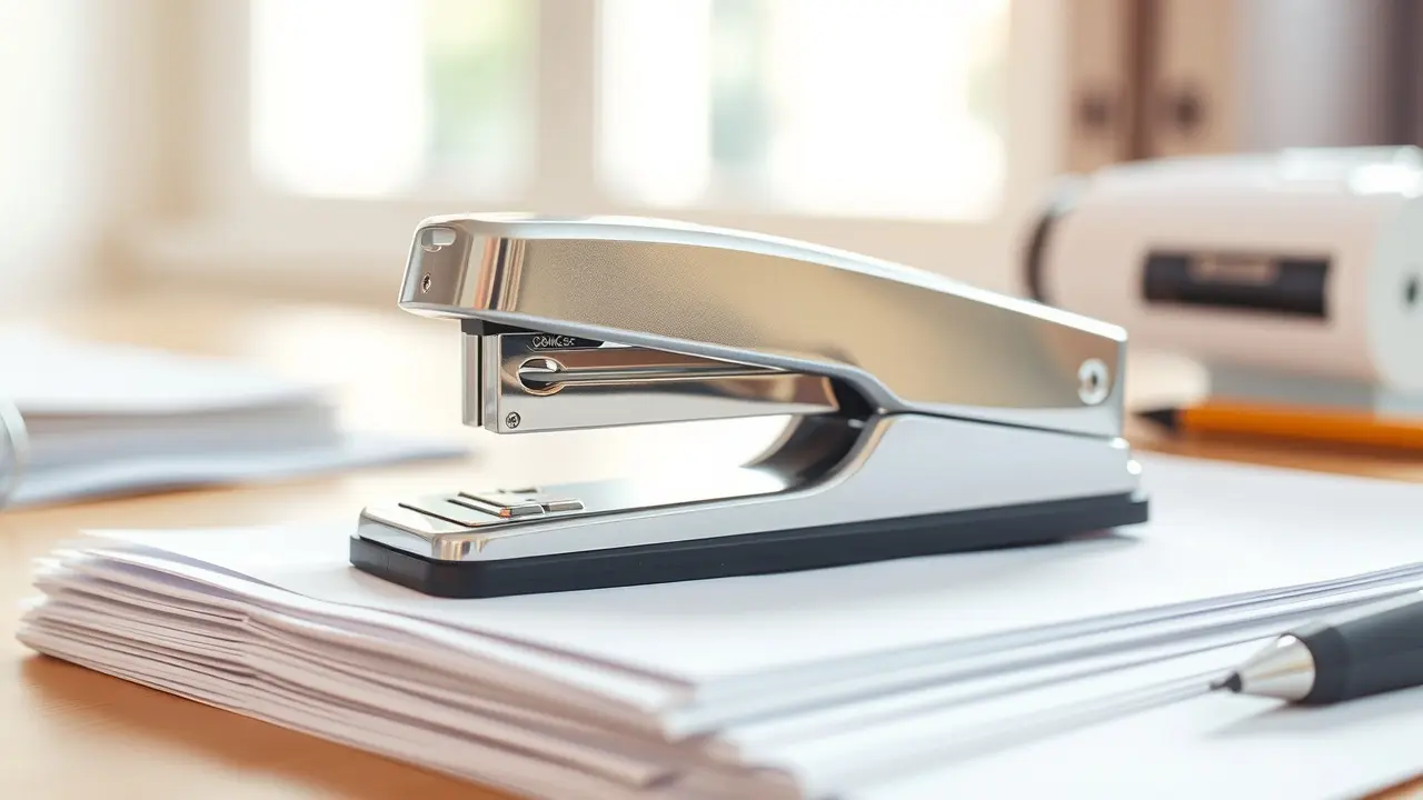 Grampeador sobre pilha de papéis, simbolizando organização