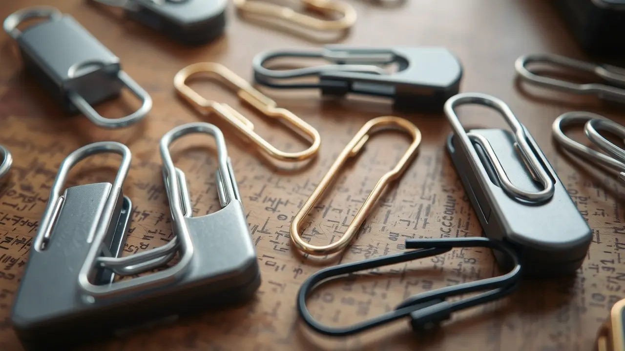 Significado de Sonhar com Grampo: Descubra as Mensagens Ocultas Diversos grampos de papel em close-up sobre mesa de madeira.