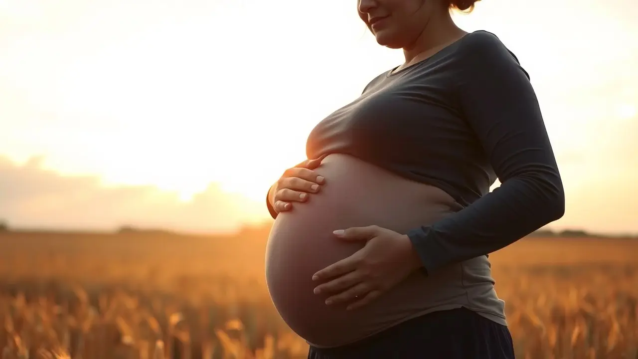 Mulher grávida silhuetada ao pôr do sol, transmitindo esperança.