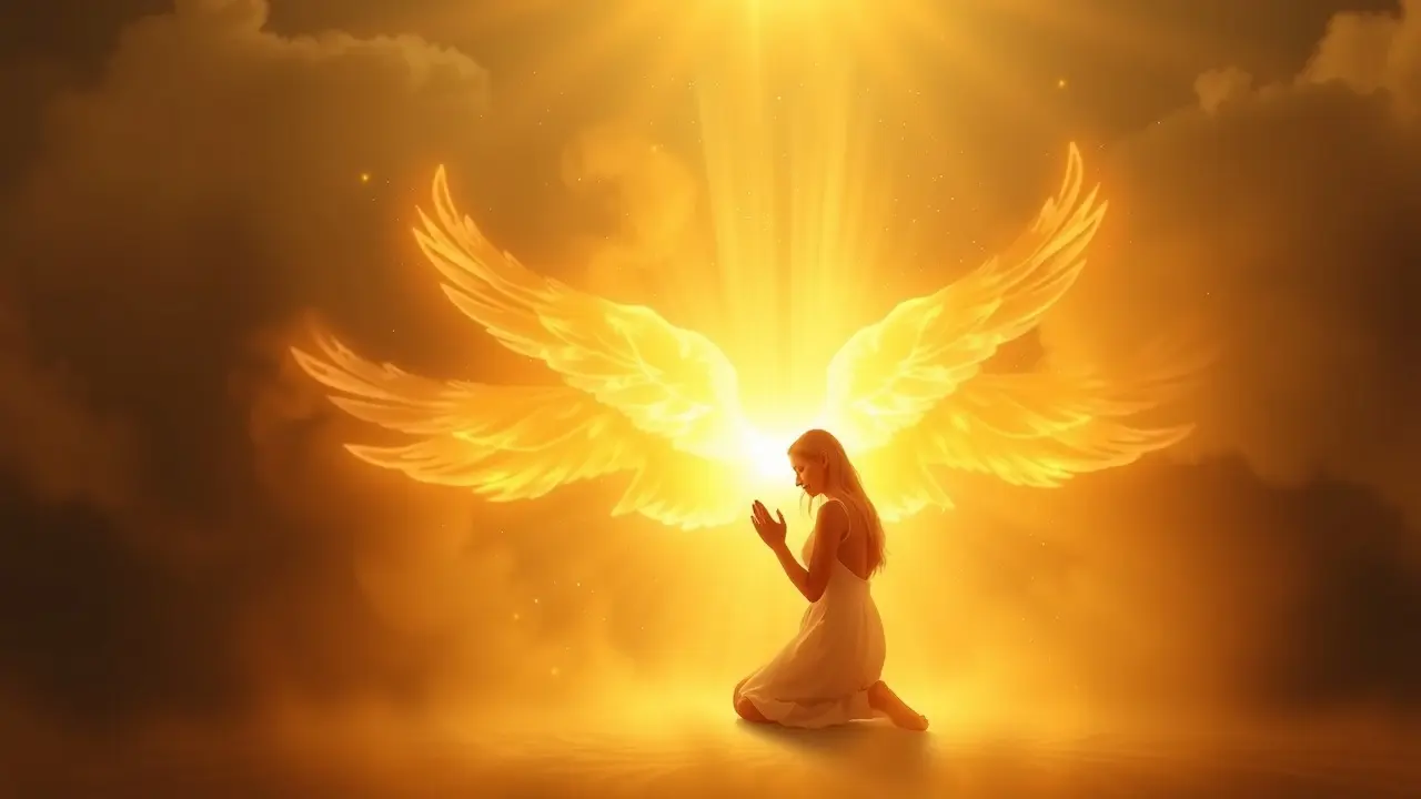 Uma pessoa ajoelhada recebendo a graça divina.