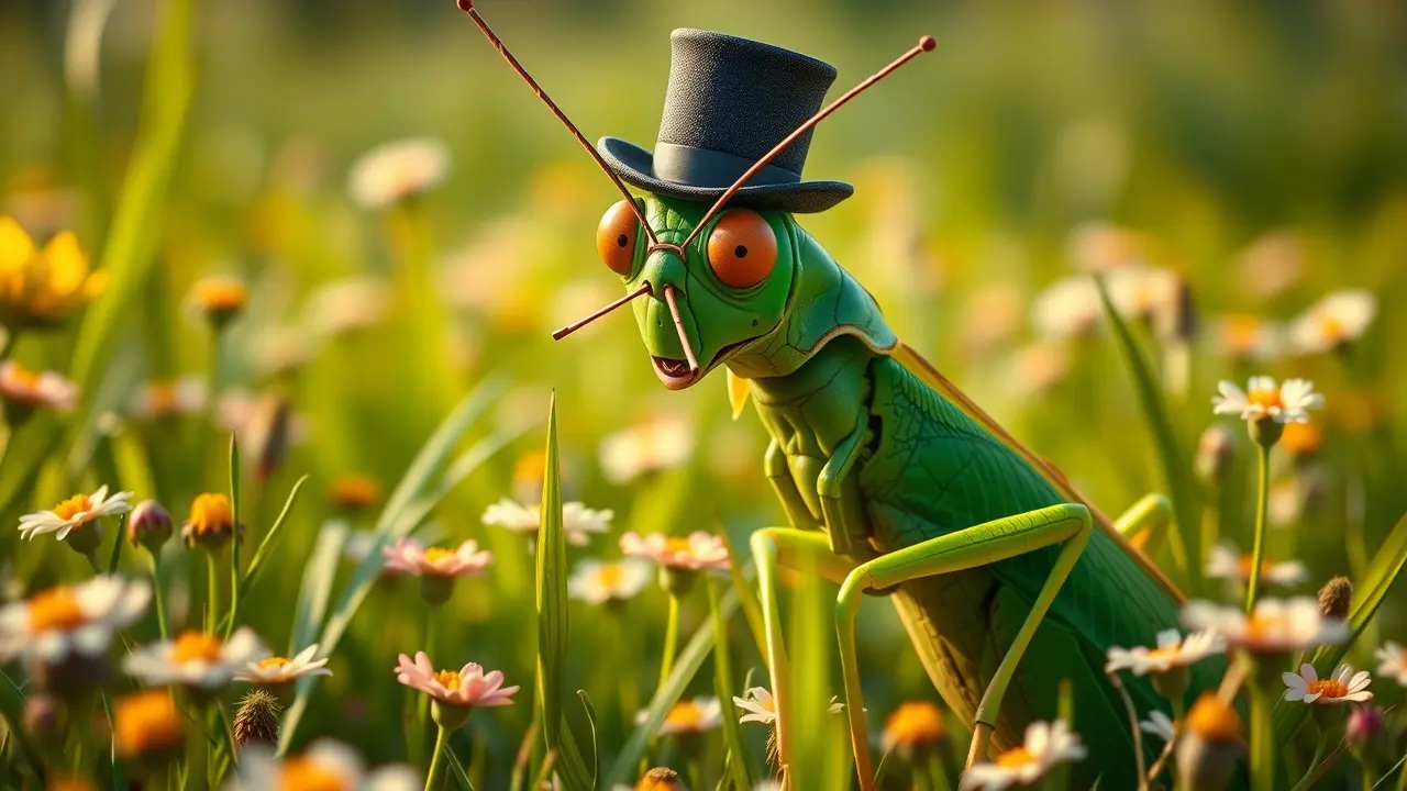Sonhar com Grilo Falante: Descubra o Significado e as Mensagens Ocultas Um grilo verde de chapéu falando em um campo florido.