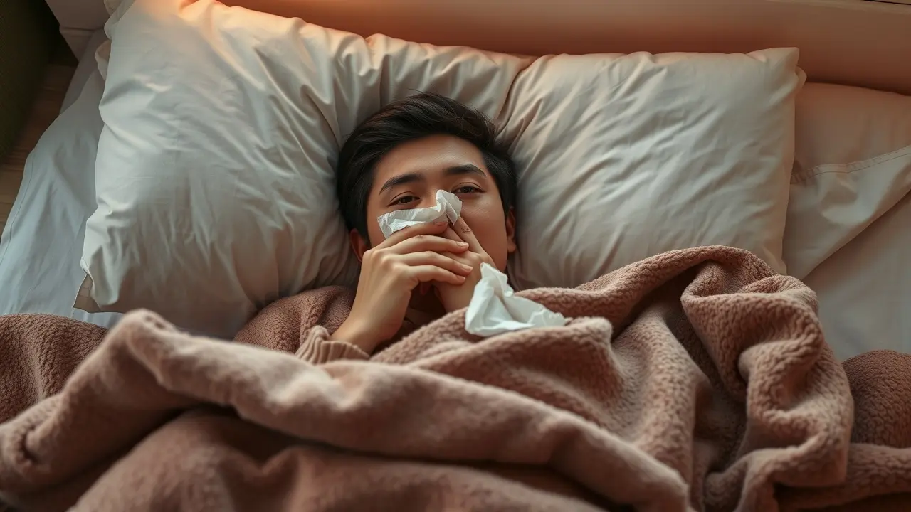 Pessoa gripada deitada na cama