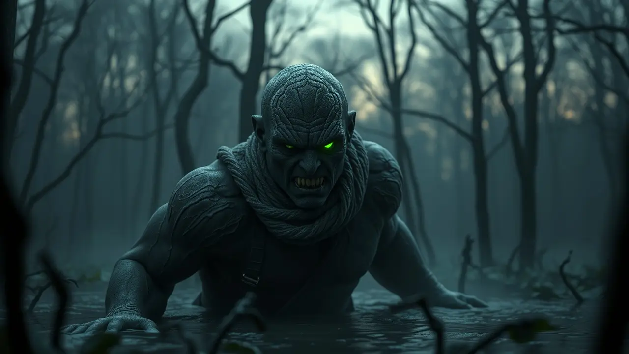 Homem monstruoso saindo do pântano em sonho