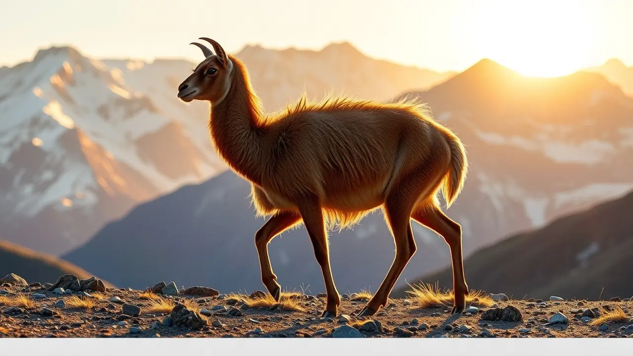 Guanaco em paisagem montanhosa ao amanhecer