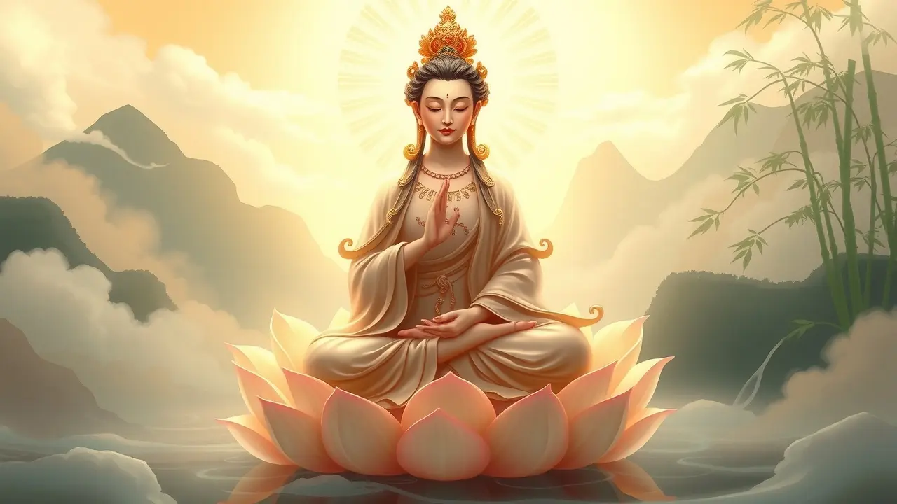 Significado de Sonhar com Guanyin: Paz, Proteção e Revelações Serena representação de Guanyin sobre lótus.