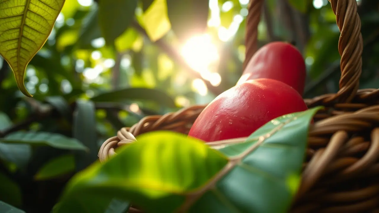 Guaraná vermelho vibrante em cesta na Amazônia
