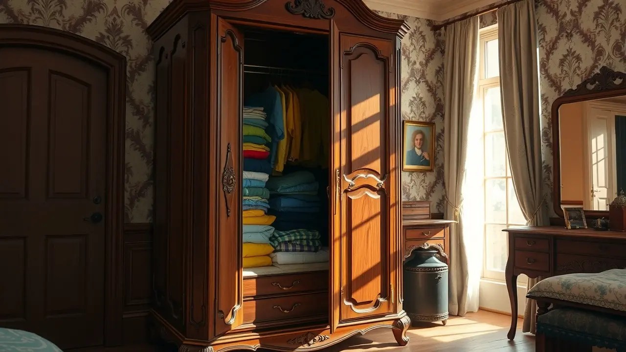 Guarda-roupa de madeira com roupas coloridas.